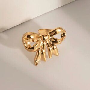 Bow knot adjustable open ring, 18k gold plated, stainless steel